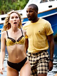 A dark skinned man looks terrified on a sunny day as he watches a 20 year old woman