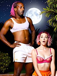 Black man with dreadlocks in red shorts under moonlit lights has sex with a young white woman