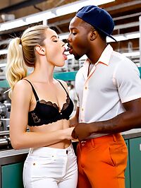 A 45 year old black man and 29 year old white woman pose in lingerie amidst afro wig production
