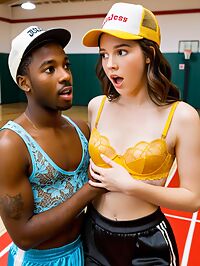 A young black man beams on an indoor court surrounded by a beautiful woman in lingerie